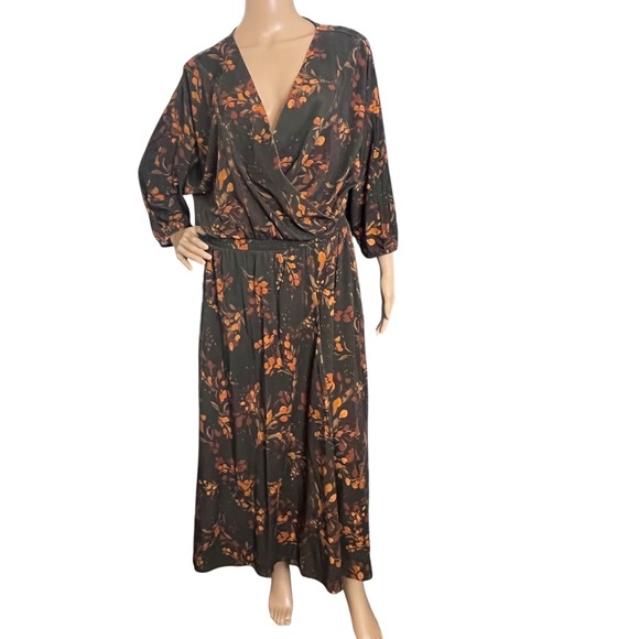 Garnet Hill Dresses & Skirts - Garnet Hill Faux Wrap Maxi Dress Brown Floral Stretch Jersey V Neck Womens Large